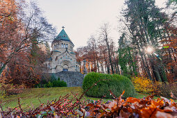 View of the votive chapel, Gedächtniskapelle Stankt Ludwig, at King Ludwig Monment near Berg am Starnberger See, Bavaria, Germany.