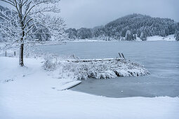 Blick über den gefrorenen Geroldsee auf schneebedeckte Landschaft, Krün, Bayern, Deutschland.