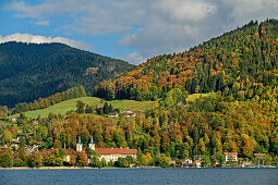 View over the Tegernsee to St. Quirin Monastery Church and Tegernsee Monastery, Tegernsee, Upper Bavaria, Bavaria, Germany