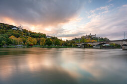 Käppele and Marienberg Fortress in Würzburg at sunset, Lower Franconia, Franconia, Bavaria, Germany, Europe