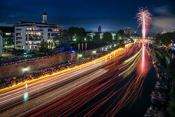 extreme long exposure during the light serenade in Ulm, fireworks, Danube, Swabian Alb, Baden-Württemberg, Germany