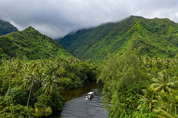 Aerial view of tour boat on river and lagoon inlet surrounded by coconut palms and lush jungle on the southwest coast of Tahiti-Iti, Maraotiria, Tahiti, Windward Islands, French Polynesia, South Pacific