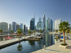 Downtown Dubai from a marina in Dubai Creek, Al Noor Tower, Dubai, United Arab Emirates