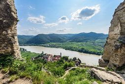 View from the ruin Dürnstein to Dürnstein and the Danube valley, Wachau, Lower Austria, Austria