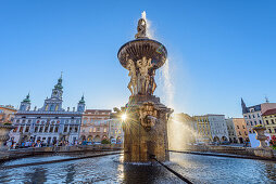 Samson Fountain and Town Hall on the town square of Budweis, South Bohemia, Czech Republic
