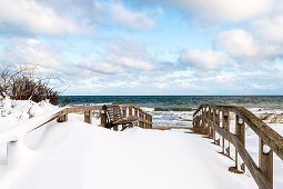 Snow drifts at the beach crossing in Dahme, Baltic Sea, Ostholstein, Schleswig-Holstein, Germany