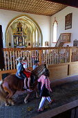 More than 300 horses take part in the Willibaldsritt in Jesenwang. The ride through the church is unique in Europe, Jesenwang, Upper Bavaria, Bavaria, Germany