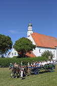 More than 300 horses take part in the Willibaldsritt in Jesenwang. The ride through the church is unique in Europe, Jesenwang, Upper Bavaria, Bavaria, Germany