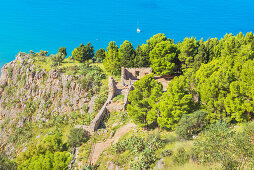 9th century temple of Diana, megalithic structure on slope of La Rocca, Cefalu, Sicily, Italy