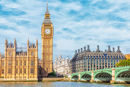Ansicht von Big Ben und Westminster Bridge, London, England, Vereinigtes Königreich