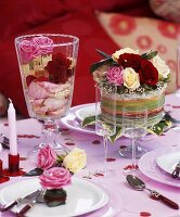 Cake with roses and goblet filled with roses and pearls
