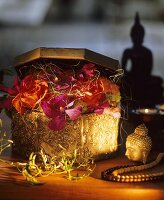 Hand-made Philippine silver box with flowers, sisal fibres