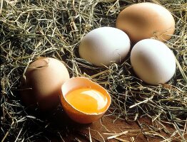 Brown and white eggs with a broken egg in hay