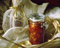 Peach chutney in jar as a gift