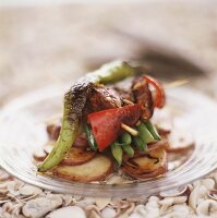 Beef and pepper kebab on green beans and potatoes