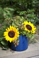 Sunflowers and sprigs of blackberries in an enamel pot
