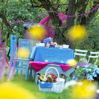 Table laid for picnic in garden