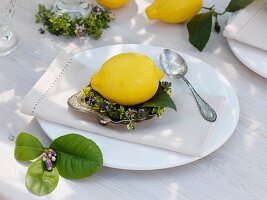 Zitrone in Kränzchen aus Zitronenthymian auf Silberschale