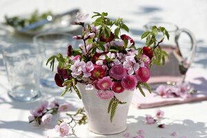 Arrangement of Bellis, peach blossom and beech leaves