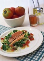 Salmon butterfly on watercress with tomato vinaigrette