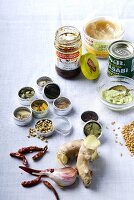 Still life with spices and ready-made sauces