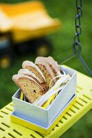 Orange and hazelnut biscotti on child's swing