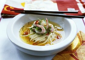 Asian noodle soup with prawns, chilli and coriander