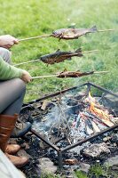 Fish being grilled over a fire