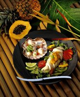Scallop Seviche and Chicken Breast with Tropical Fruit