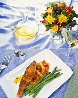 Seasoned Swordfish on Red and Yellow Tomatoes with Asparagus; White Wine and Flowers