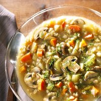 Bowl of Mushroom Barley Soup; From Above