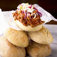 Pulled Barbecue Chicken Subs with Cole Slaw; On Stacked Rolls