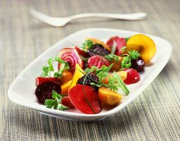 Mixed Beet Salad on a White Dish