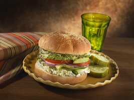 Veggie Sandwich with Cream Cheese Pesto Spread; Pickles