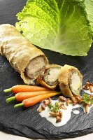 Guinea fowl strudel with carrots and chanterelle sauce