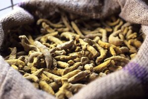 Turmeric roots in a sack