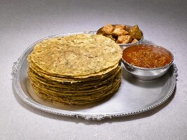 Methi thepla (Indian flatbread) with mango pickle