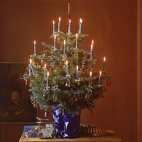 Kleiner Weihnachtsbaum mit Kerzen und buntem Baumschmuck