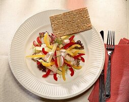 Trennkost (KH): Kaese-Paprika-Salat mit Knaeckebrot.