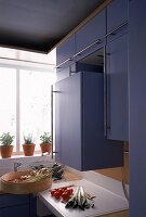 Blauer Küchen-Hängeschrank, der mit der Lifttechnik "Felix" arbeitet