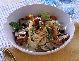 Spaghetti mit Steinpilzen, Pfifferlingen und Basilikum