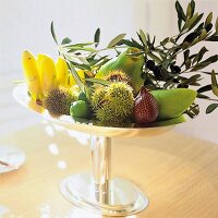 Exotische Früchte, Kastanien und ein olivenzweig auf silberner Platte