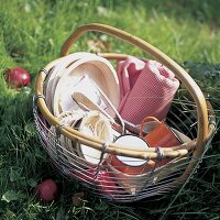 Picknick-Korb mit Holztellern, Blech Bechern, Geschirrtuch, Äpfel im Gras