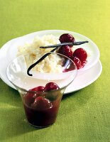 Rice pudding with cherry vanilla sauce in bowl