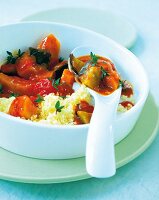 Close-up of winter ratatouille prepared with couscous and vegetables in bowl