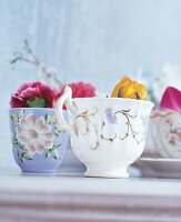 Porcelain cups filled with flowers