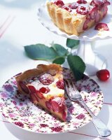 Piece of cherry cake with quark and cinnamon cream on plate