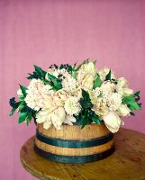 Hyzinthen, parrot tulips, ivy and berries in wooden container