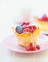 Close-up of yufka tart with berries on plate