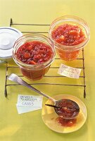 Strawberry and rhubarb jam in glass jar